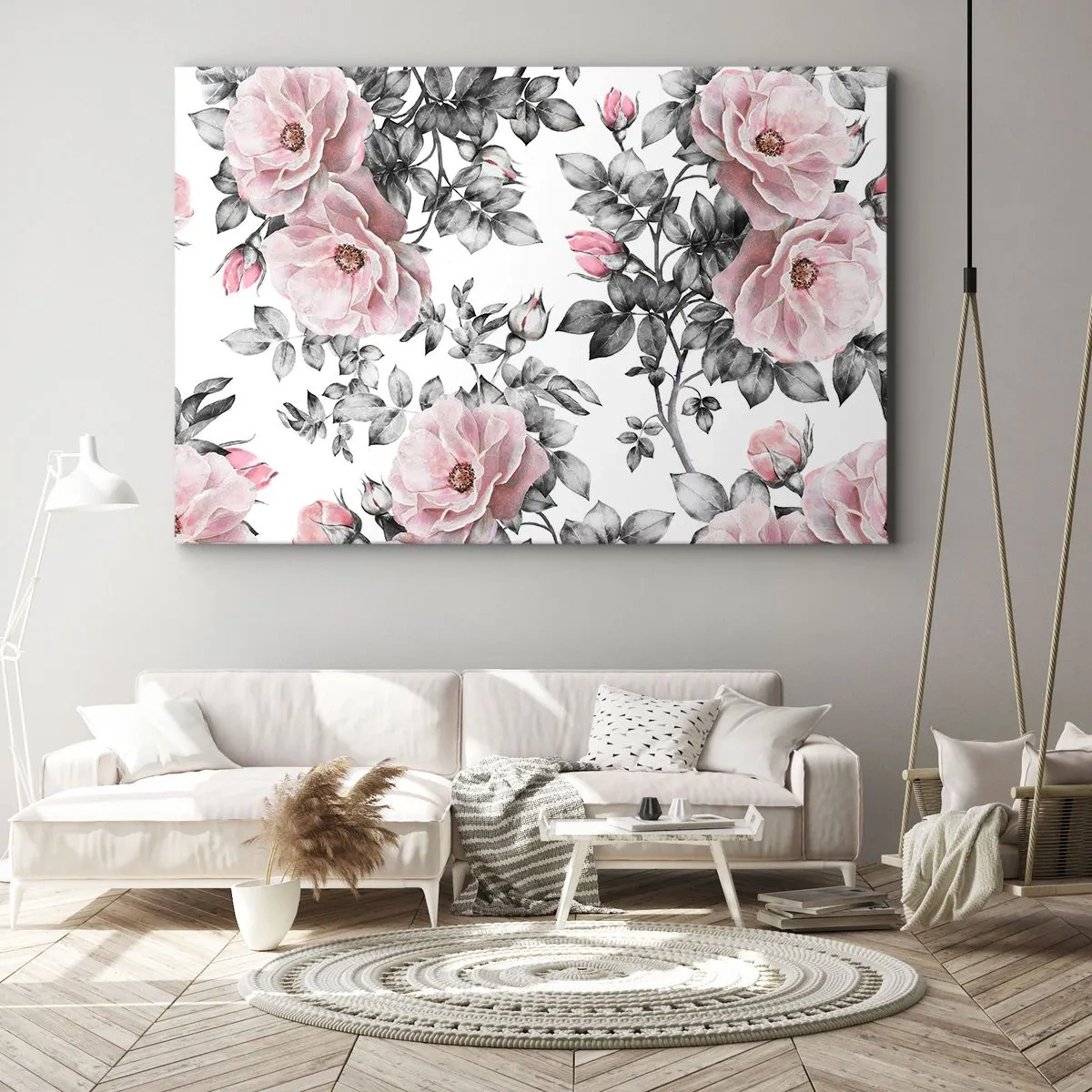 Lærredstryk - Billede på lærred - Lyserøde roser og blade på en delikat sort og hvid baggrund - 70x50cm - Forsvind i rosenblomsterne - Moderne vægdekoration til stue og soveværelse ARTTOR