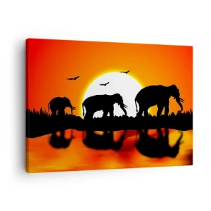 Lærredstryk - Billede på lærred - Silhuetter af elefanter ved solnedgang over vand med refleksion - 70x50cm - Og om aftenen til en lille drink - Moderne vægdekoration til stue og soveværelse ARTTOR