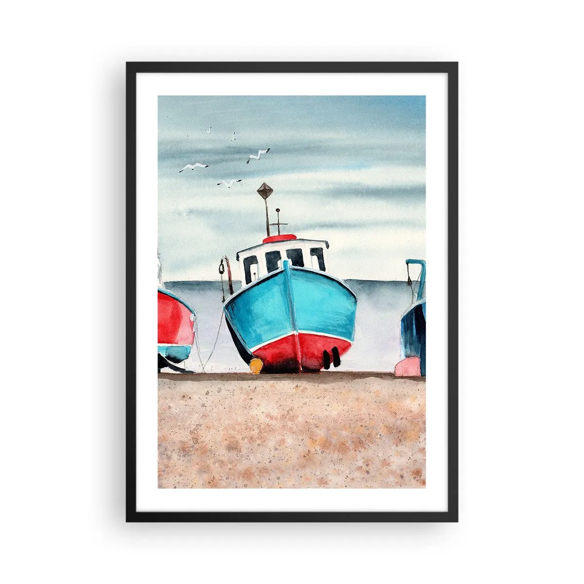 Plakat i sort ramme - Maleriske blå fiskerbåde på kysten - 50x70cm - Klar til at fange - Moderne vægdekoration til stue og soveværelse ARTTOR