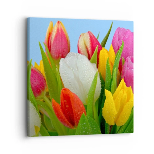 Lærredstryk - Billede på lærred - En blomstret regnbue i dugdråber - 30x30 cm