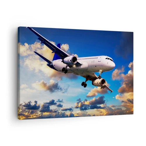 Lærredstryk - Billede på lærred - Et passagerfly mod skyerne ved solnedgang - 70x50cm - En rejse i hvidt og blåt - Moderne vægdekoration til stue og soveværelse ARTTOR