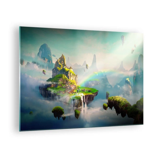 Billede på glas - Flyvende øer i skyerne med regnbuer og vandfald - 70x50cm - Midden - lykkelige øer - Moderne vægdekoration til stue og soveværelse ARTTOR