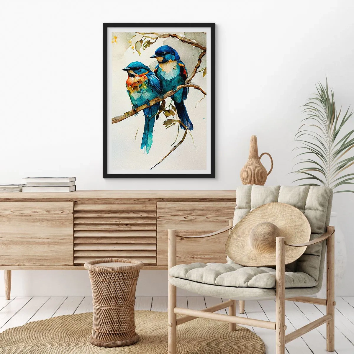 Plakat i sort ramme - Akvarelfugle på en gren i nuancer af blå og brun - 50x70cm - Er han fornærmet? - Moderne vægdekoration til stue og soveværelse ARTTOR