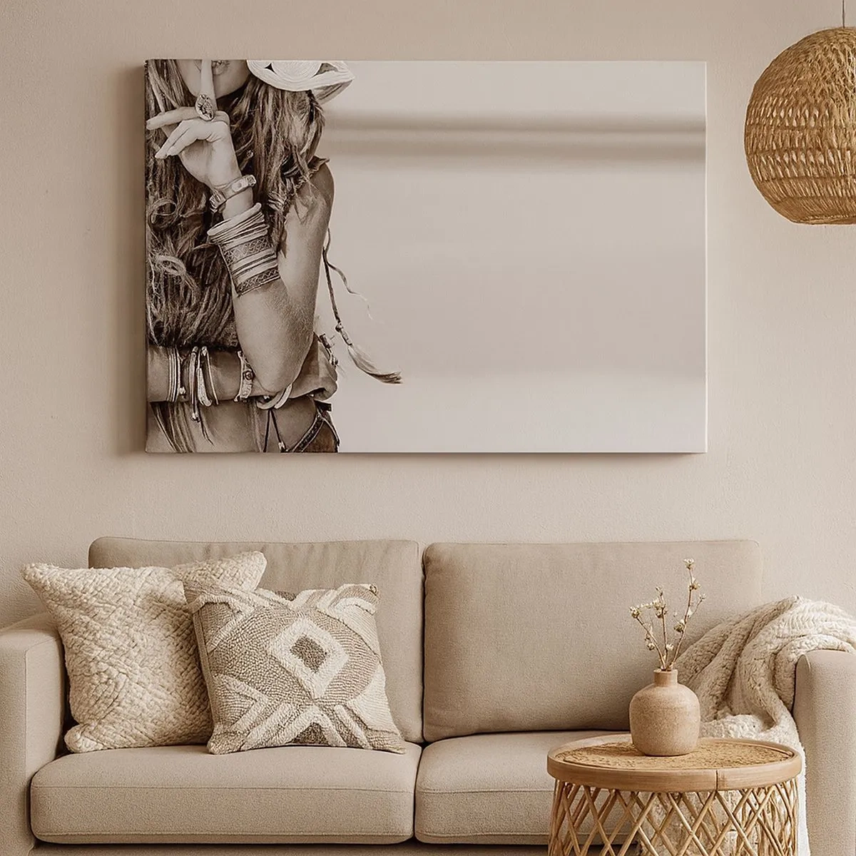 Lærredstryk - Billede på lærred - Portræt af en boheme kvinde med smykker - 70x50cm - Som en pige - Moderne vægdekoration til stue og soveværelse ARTTOR