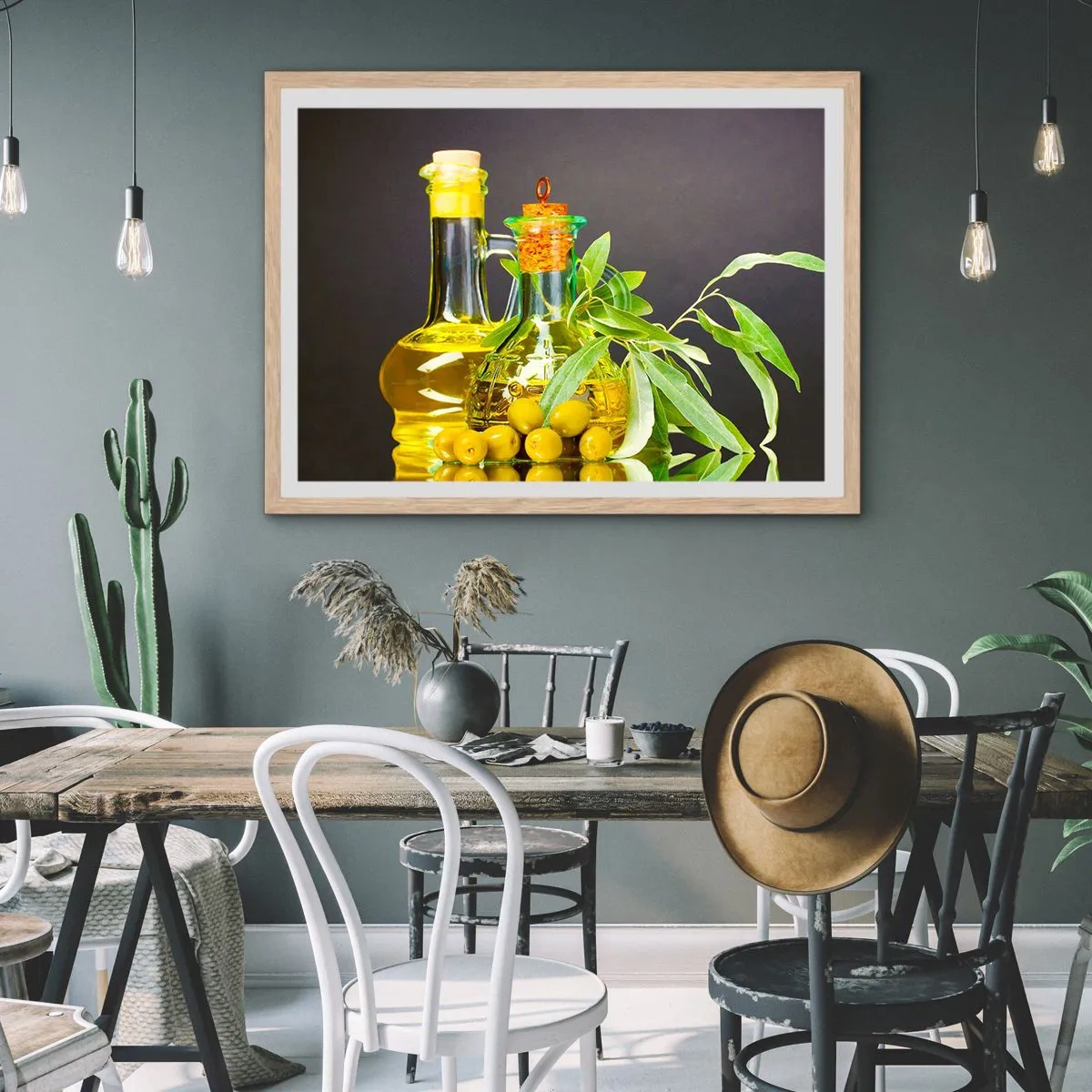 Plakat i ramme af lyst egetræ - Stilleben med oliven og olie - 50x40 cm