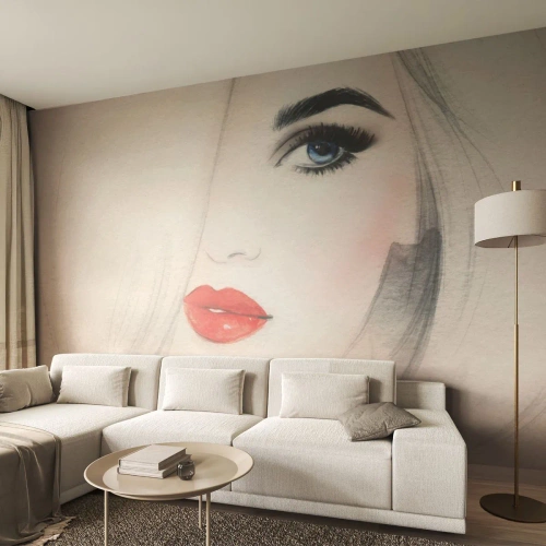 Fototapet Selvklæbende Deluxe Sticker - Hypnotiserer og beruser - Portræt af en kvinde, Kvindens ansigt, røde læber - 350x256 cm