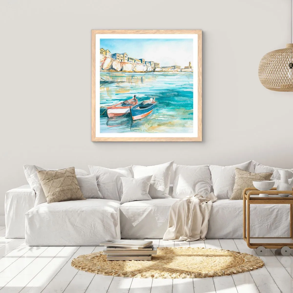 Plakat i ramme af lyst egetræ - Landskab i azurblå - 40x40 cm