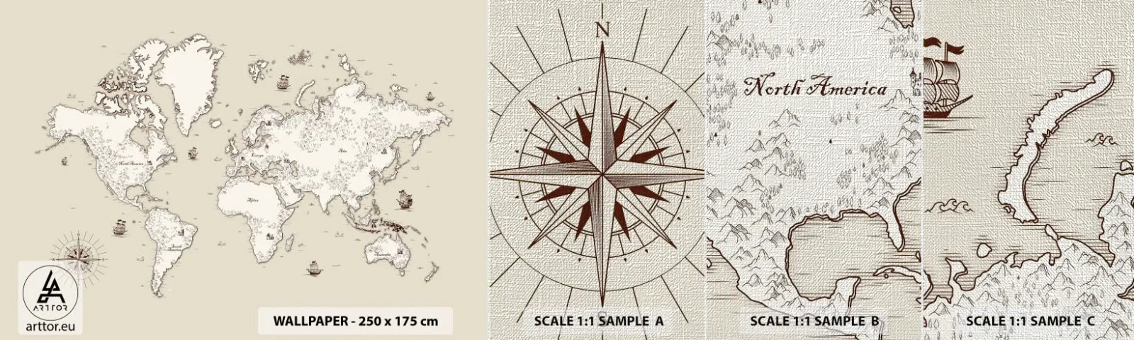Prøve Fototapet Premium Canvas - En rejse rundt om i verden - Verdenskort, Kontinenter, Piratskib - 100x30 cm