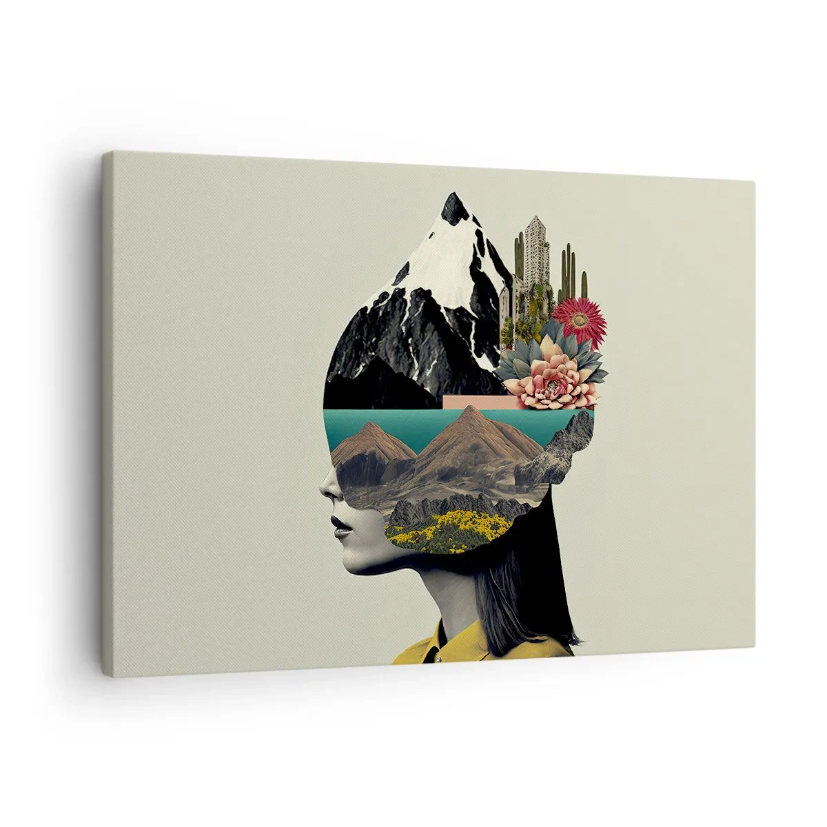 Lærredstryk - Billede på lærred - Collage af en kvinde med et bjerglandskab og blomster - 70x50cm - Kvinden - altid et mysterium - Moderne vægdekoration til stue og soveværelse ARTTOR
