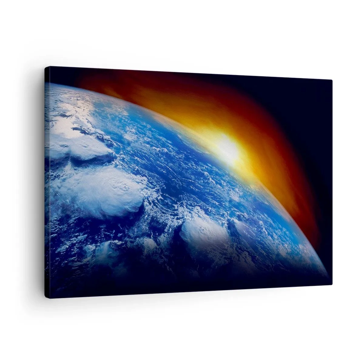 Lærredstryk - Billede på lærred - Udsigt over Jorden fra rummet ved solnedgang - 70x50cm - Solopgang over den blå planet - Moderne vægdekoration til stue og soveværelse ARTTOR