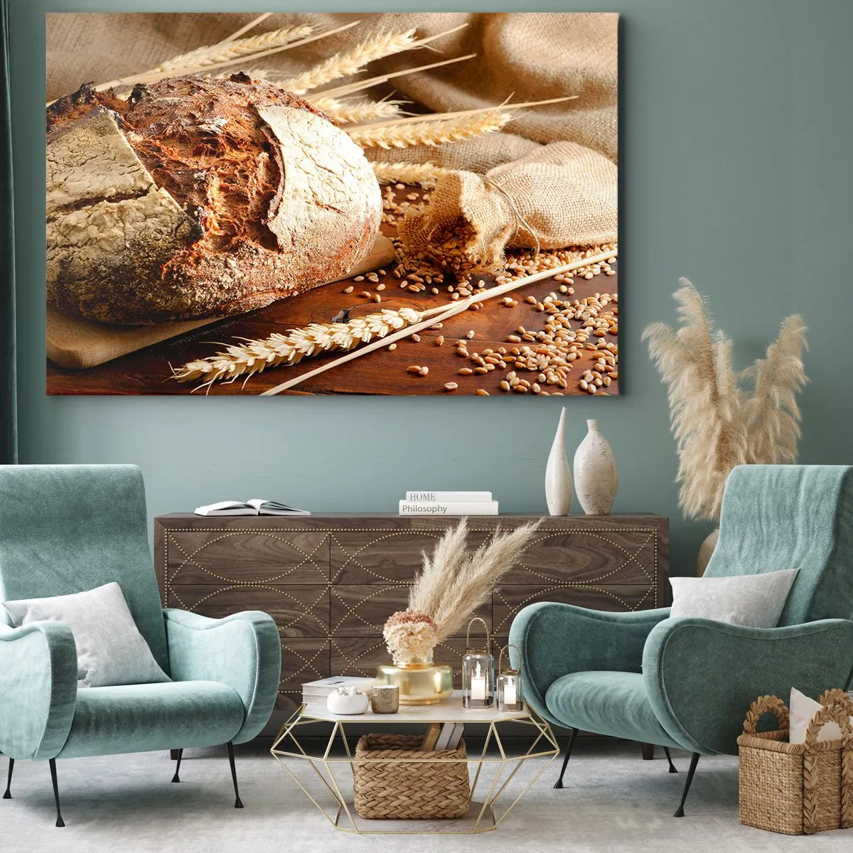 Lærredstryk - Billede på lærred - Sprødt brød med korn og hvedeører på en træbaggrund - 70x50cm - Appetitlig, velduftende, sprød - Moderne vægdekoration til stue og soveværelse ARTTOR