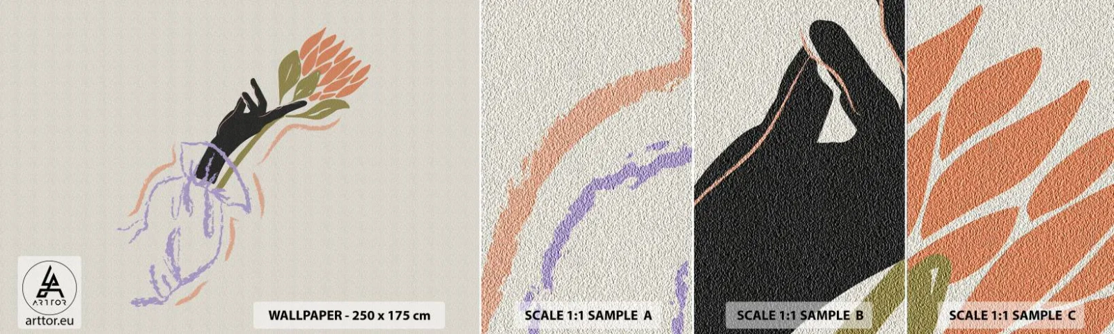 Fototapet Prøve Standard Eco - En søsterlig berøring - Hånd, Blomst, Minimalisme - 100x30 cm