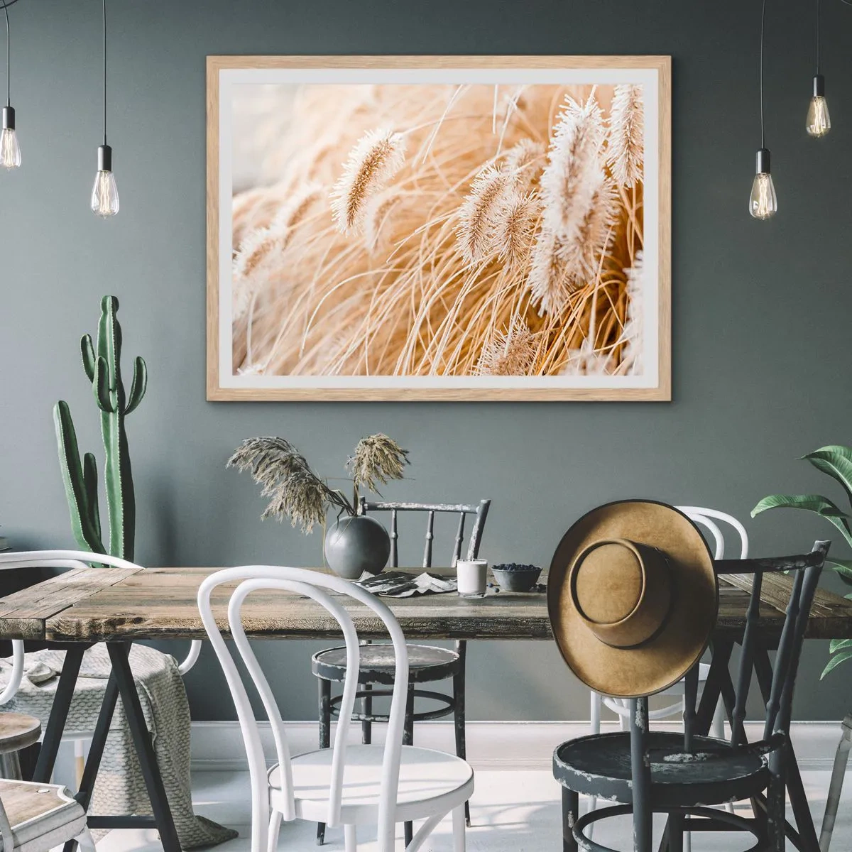 Plakat i ramme af lyst egetræ - Gyldent susen af græsser - 70x50 cm