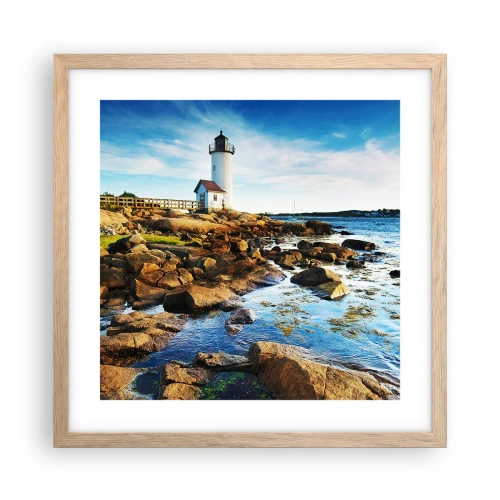 Plakat i ramme af lyst egetræ - Vend tilbage med glæde, jeg ser frem til - 40x40 cm
