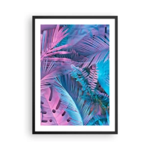 Plakat i sort ramme - Farverige tropiske blade i neon nuancer af pink og blå - 50x70cm - Troperne i lyserød og blå - Moderne vægdekoration til stue og soveværelse ARTTOR