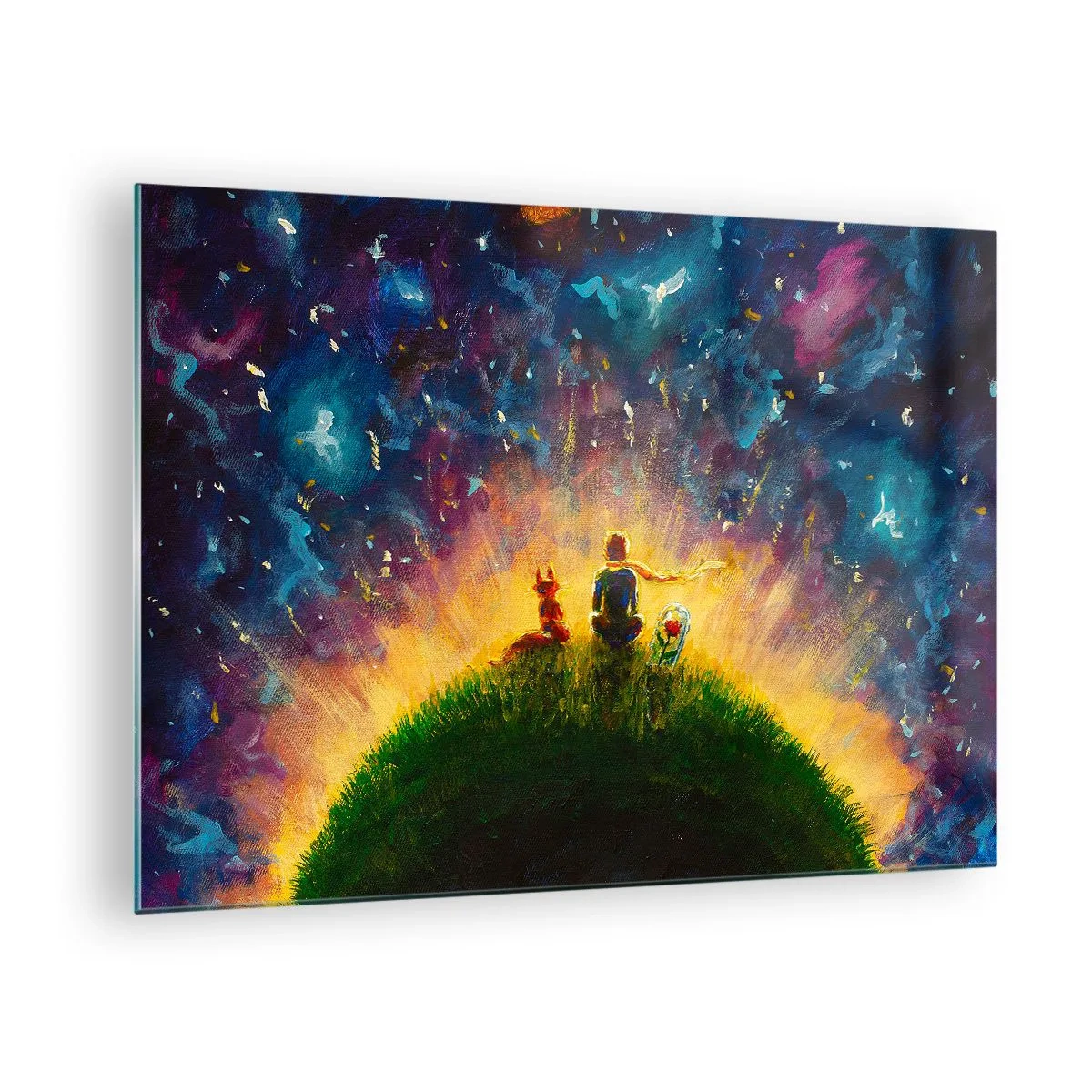 Billede på glas - En figur med en ræv på en planet under en stjernehimmel - 70x50cm - Kærlighed og venskab - hele verden - Moderne vægdekoration til stue og soveværelse ARTTOR