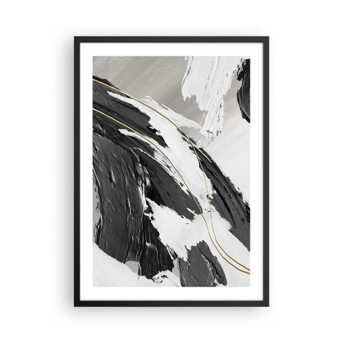 Plakat i sort ramme - Abstrakte penselstrøg i sort, hvid og guld - 50x70cm - Abstraktion med flair - Moderne vægdekoration til stue og soveværelse ARTTOR