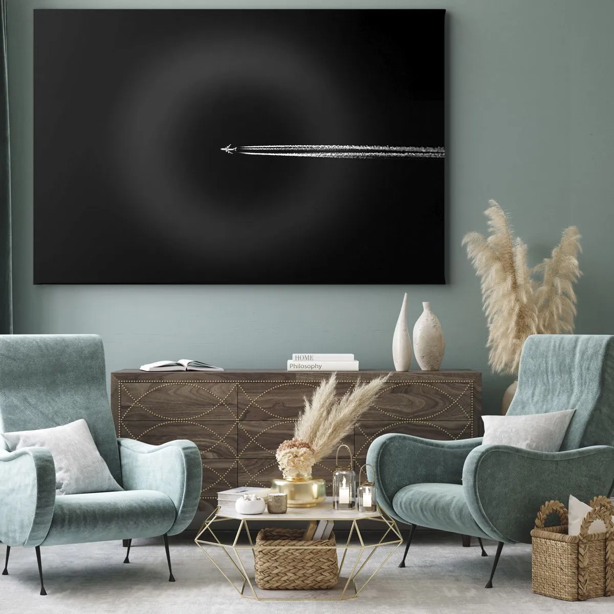 Lærredstryk - Billede på lærred - Et jetfly med en synlig kondensstribe på en sort baggrund - 70x50cm - Ind i en anden dimension - Moderne vægdekoration til stue og soveværelse ARTTOR