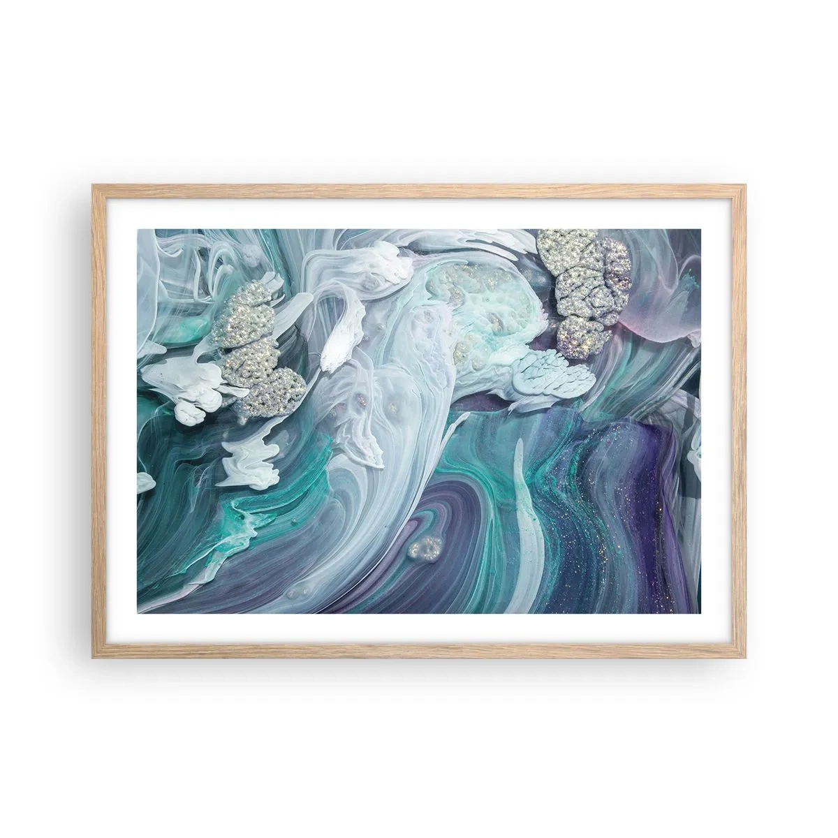 Plakat i ramme af lyst egetræ - Strømme af blå - 70x50 cm