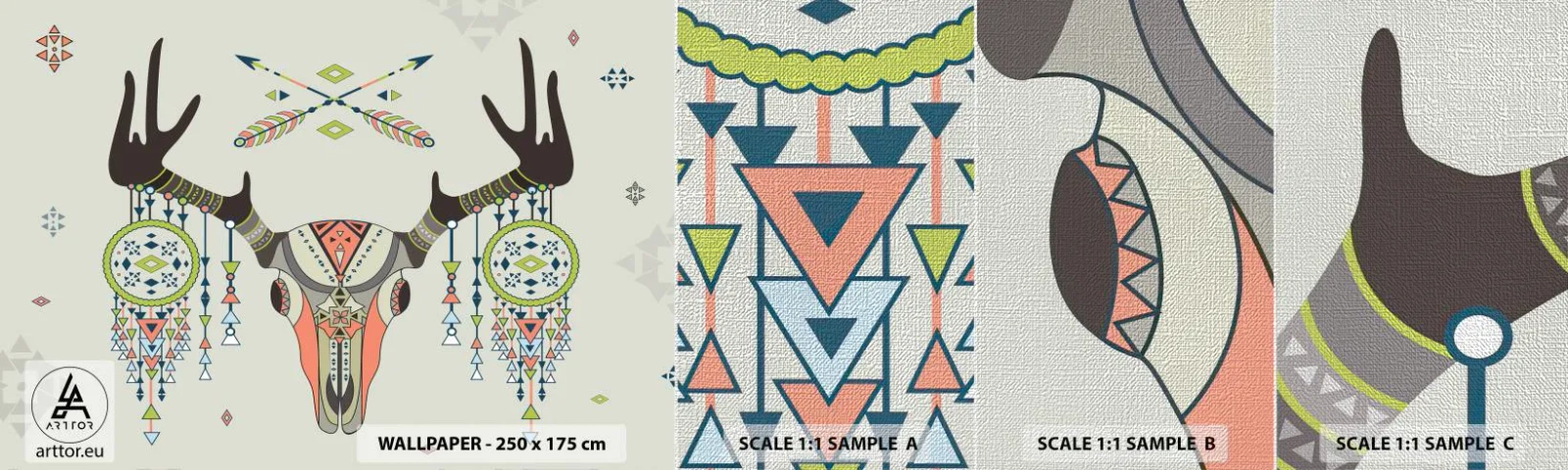 Prøve Fototapet Premium Canvas - Indiansk jægers trofæ - Abstraktion, Hjort, Boho - 100x30 cm