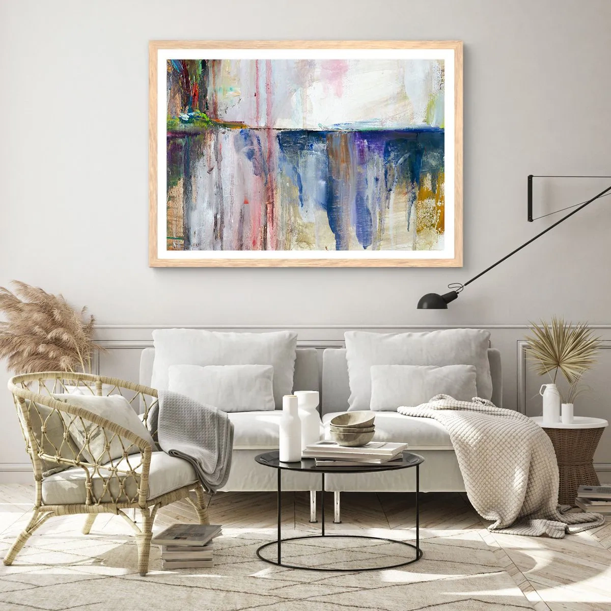 Plakat i ramme af lyst egetræ - Farverige indtryk og associationer - 50x40 cm