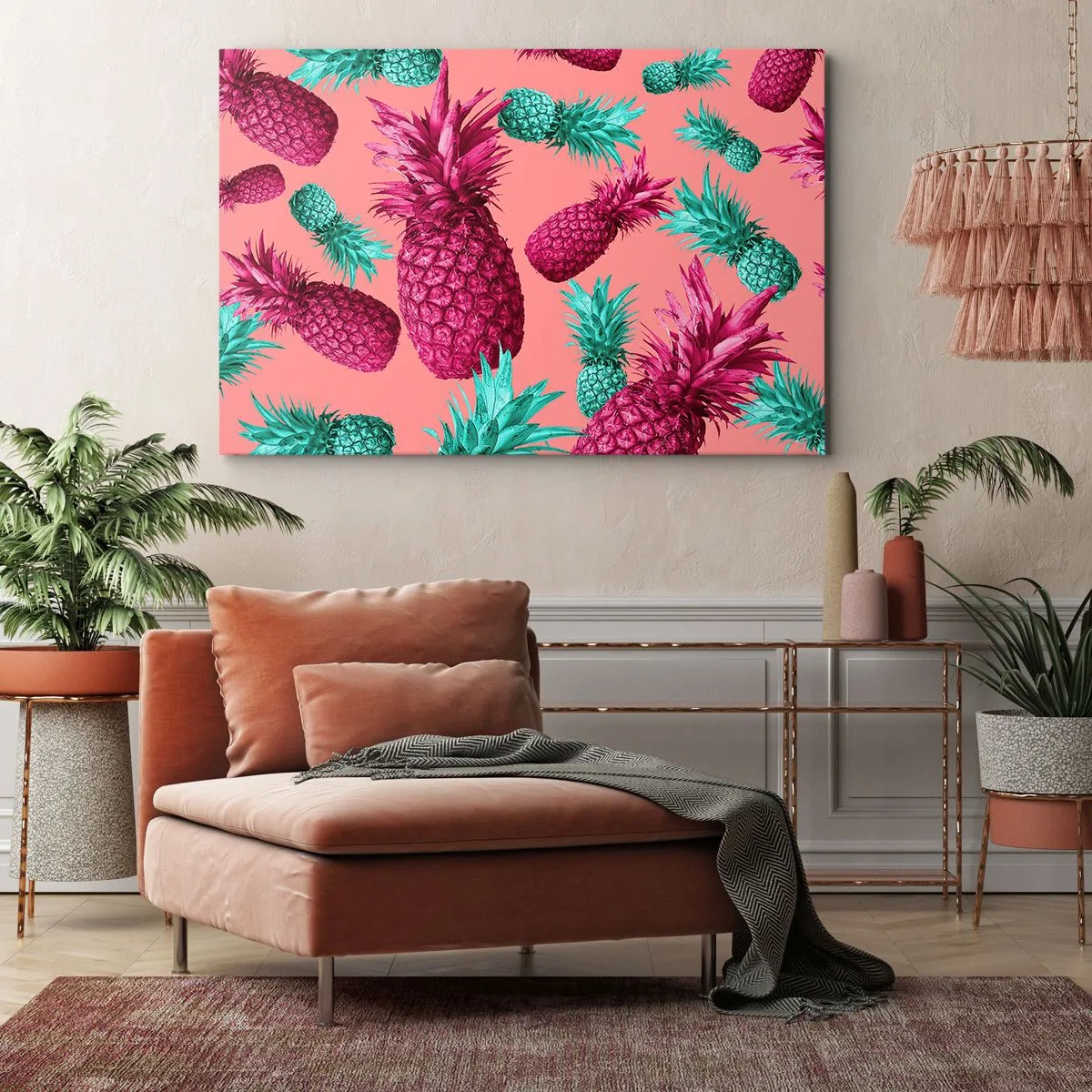 Lærredstryk - Billede på lærred - Eksotiske ananaser i lyserøde og turkise farver - 70x50cm - Frihed er sødt - Moderne vægdekoration til stue og soveværelse ARTTOR