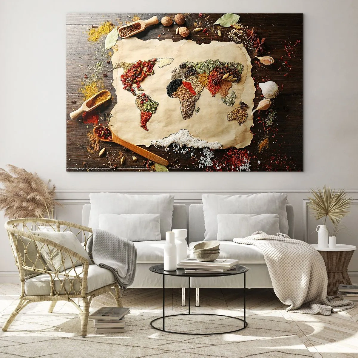 Billede på glas - Et verdenskort lavet af forskellige krydderier på en rustik baggrund. - 70x50cm - Alle verdens smage - Moderne vægdekoration til stue og soveværelse ARTTOR