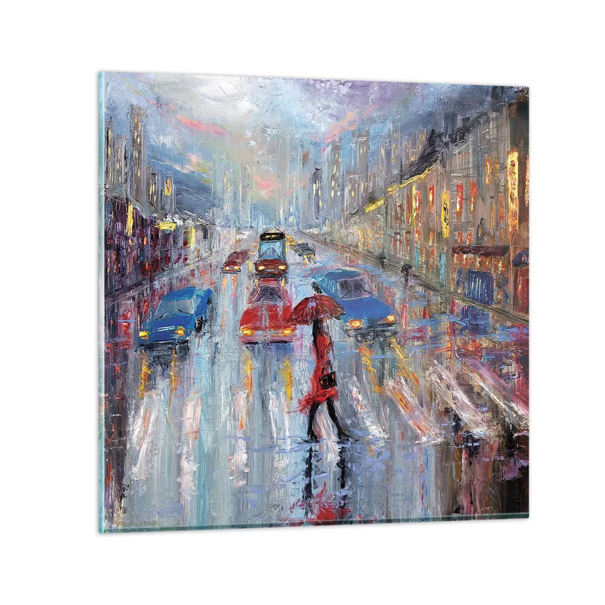 Billede på glas - Regnfuld eftermiddag i byen - 40x40 cm