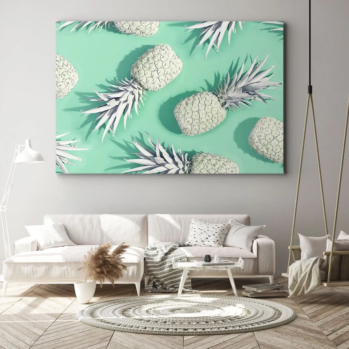 Lærredstryk - Billede på lærred - Hvide ananaser på en pastelbaggrund i minimalistisk stil - 70x50cm - passer godt sammen med mynte - Moderne vægdekoration til stue og soveværelse ARTTOR