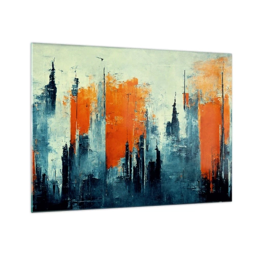 Billede på glas - Et moderne bypanorama i grå og orange nuancer - 70x50cm - Moderne landskab - Moderne vægdekoration til stue og soveværelse ARTTOR