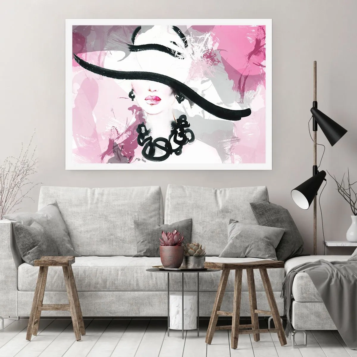 Plakat - Portræt af en dame i sort og lyserødt - 70x50 cm