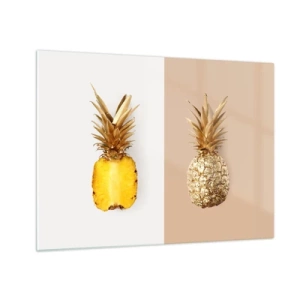 Billede på glas - En skåret og gylden ananas på to kontrasterende baggrunde - 70x50cm - Ananas til os - Moderne vægdekoration til stue og soveværelse ARTTOR
