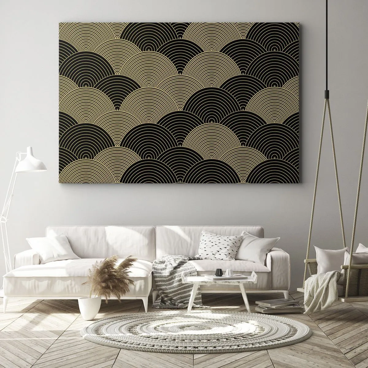 Lærredstryk - Billede på lærred - Art Deco-mønster med halvcirkler og guldlinjer - 70x50cm - Enhed i mangfoldighed - Moderne vægdekoration til stue og soveværelse ARTTOR