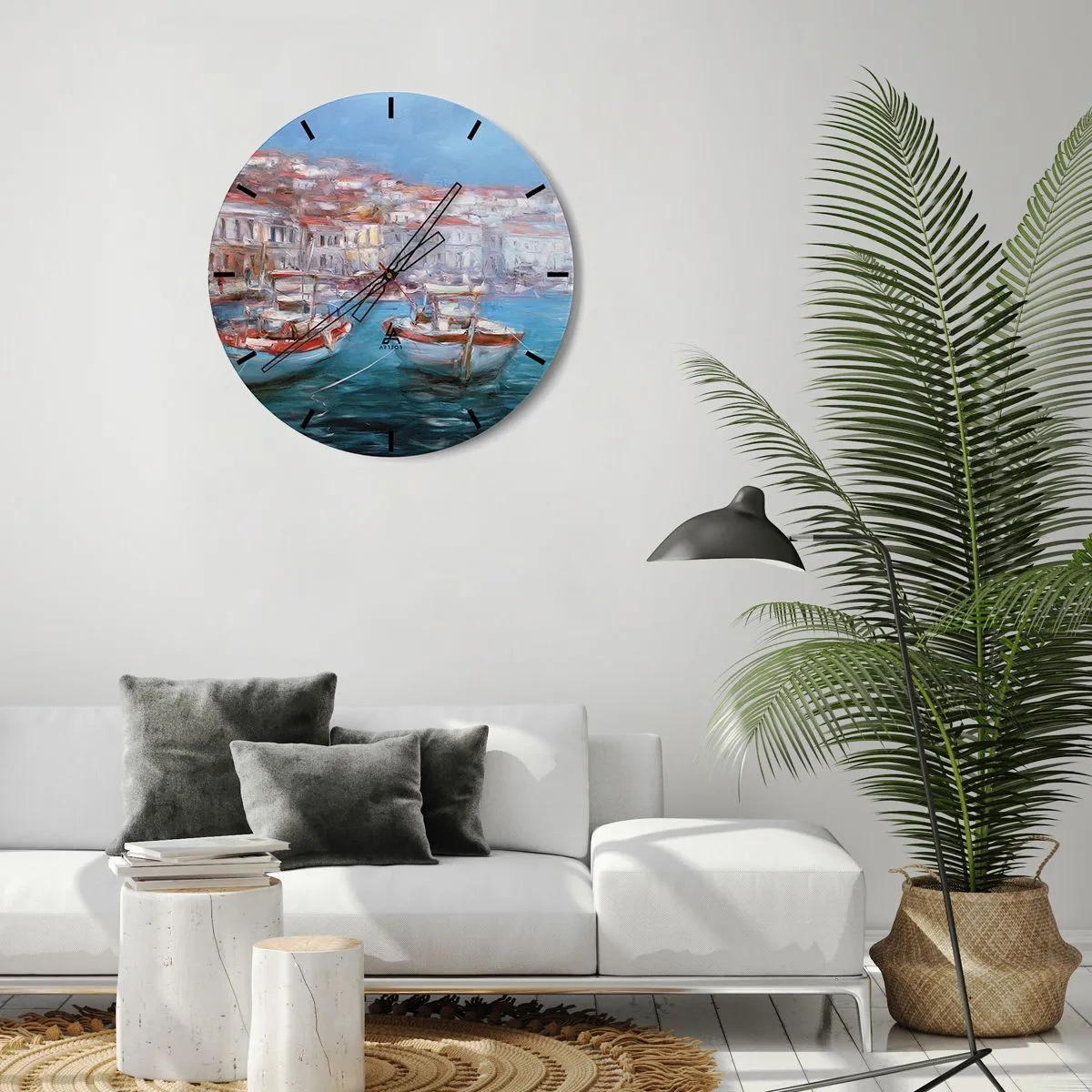 Vægur, Uret - En malerisk havn med både i impressionistisk stil - 30x30cm - Italiensk bugt - Moderne vægdekoration til stue, køkken og soveværelse ARTTOR