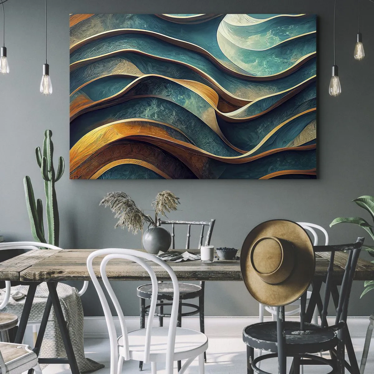 Lærredstryk - Billede på lærred - Abstrakte bølger i nuancer af turkis og guld - 70x50cm - Slyngninger af blåt - Moderne vægdekoration til stue og soveværelse ARTTOR