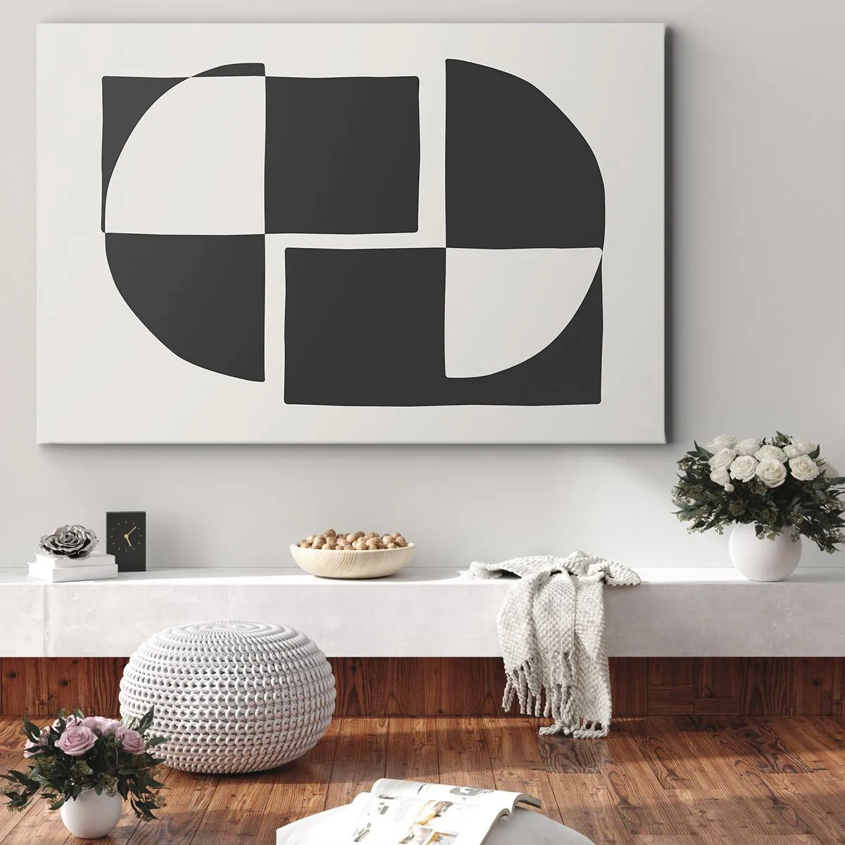 Lærredstryk - Billede på lærred - Abstrakte geometriske former i sort-hvid - 70x50cm - Antitese - syntese - Moderne vægdekoration til stue og soveværelse ARTTOR