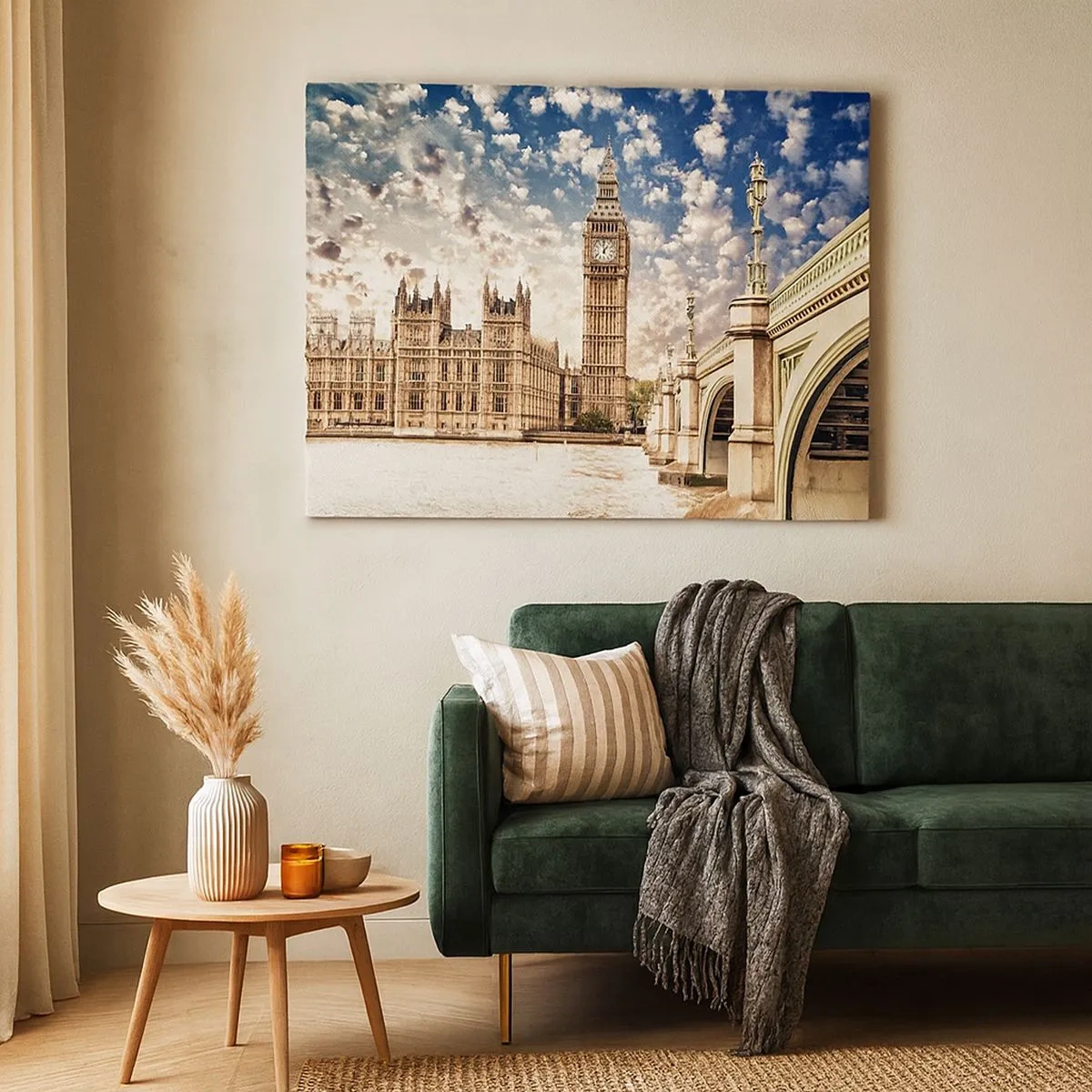 Lærredstryk - Billede på lærred - Big Ben og Westminster Bridge oplyst af solen i London - 70x50cm - Fjeragtige skyer over Themsen - Moderne vægdekoration til stue og soveværelse ARTTOR