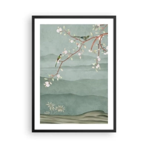 Plakat i sort ramme - Fugle på en blomstrende gren med udsigt over bakkerne - 50x70cm - Forår, ah, det er dig - Moderne vægdekoration til stue og soveværelse ARTTOR