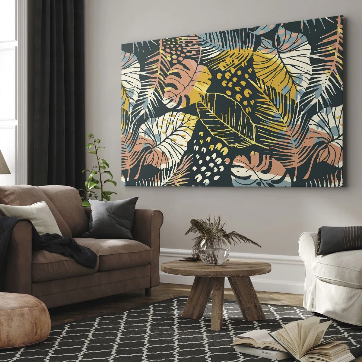Lærredstryk - Billede på lærred - Farverige blade på en mørk baggrund - 70x50cm - Løvrig fantasi - Moderne vægdekoration til stue og soveværelse ARTTOR