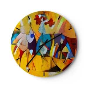 Vægur, Uret - Farverig abstraktion med menneskelige silhuetter og dynamiske farver - 30x30cm - Sol - liv - glæde - Moderne vægdekoration til stue, køkken og soveværelse ARTTOR