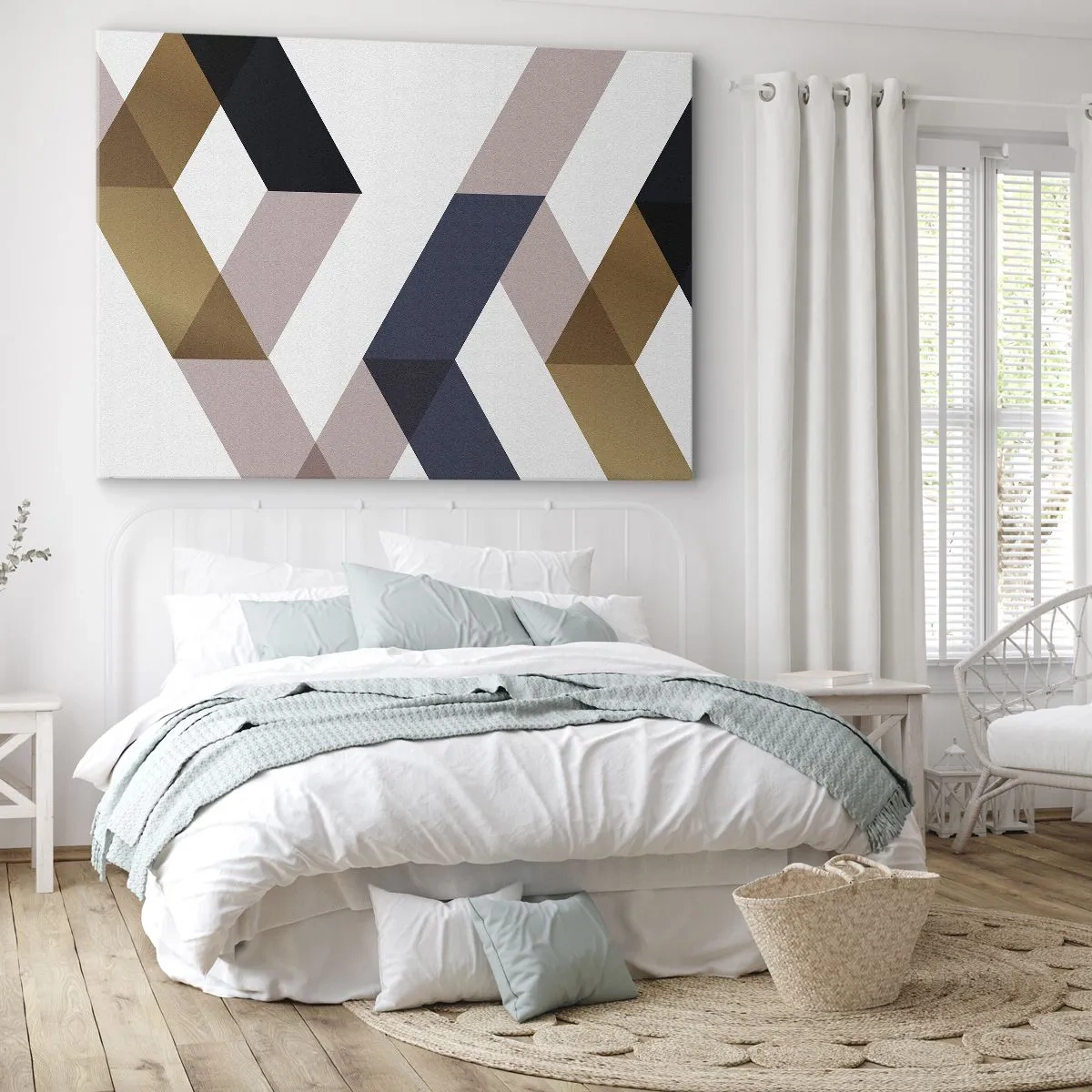 Lærredstryk - Billede på lærred - Geometriske mønstre i nuancer af guld og marineblå - 70x50cm - Planer og vinkler - Moderne vægdekoration til stue og soveværelse ARTTOR