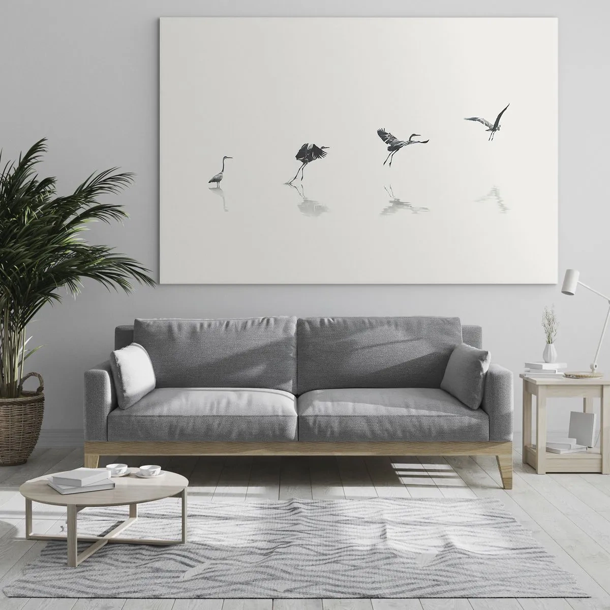 Billede på glas - Silhuetter af fire fugle, der bevæger sig over vandet - 70x50cm - Fire enkle trin - Moderne vægdekoration til stue og soveværelse ARTTOR