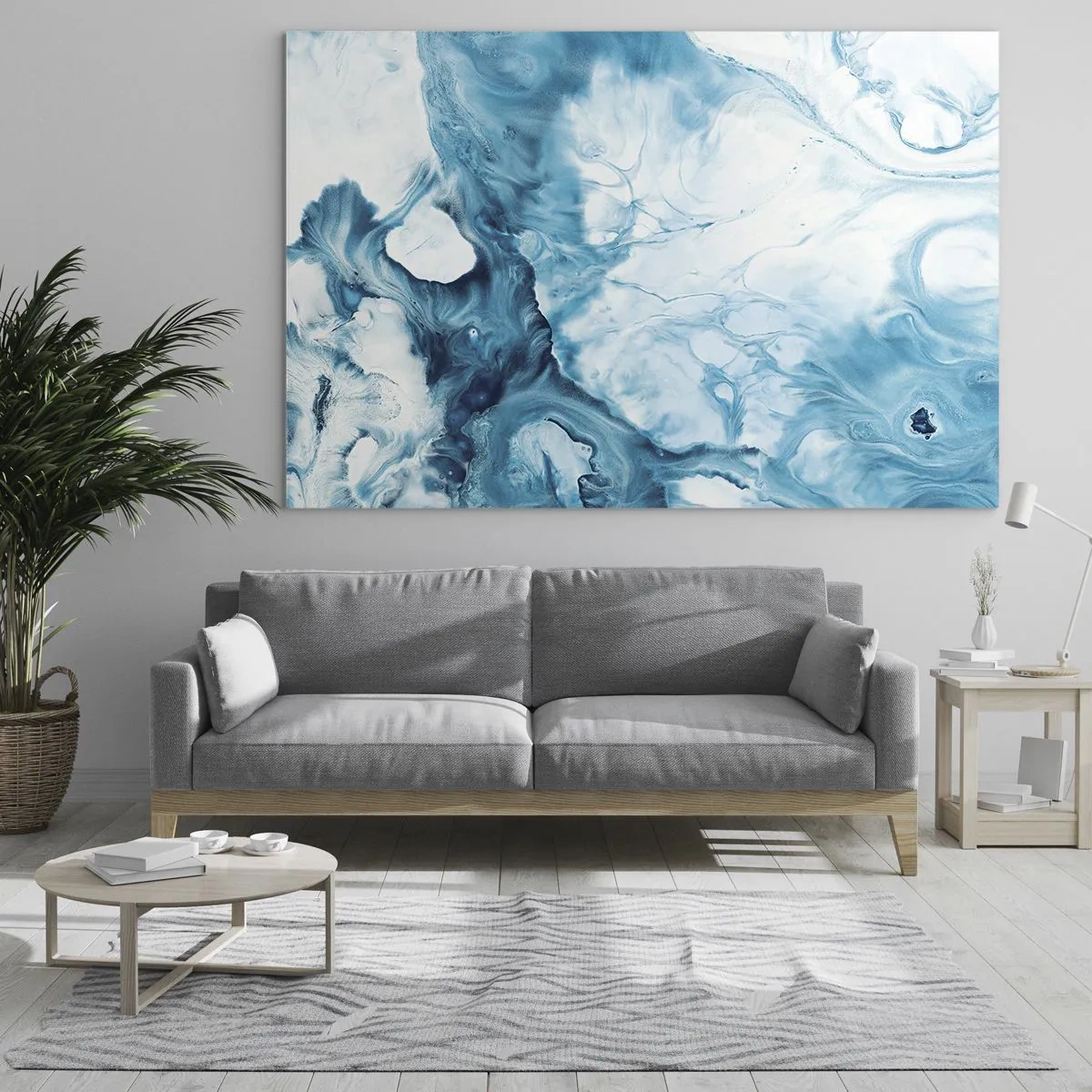 Billede på glas - Abstrakt komposition i nuancer af blå og hvid - 70x50cm - Blå koncert - Moderne vægdekoration til stue og soveværelse ARTTOR