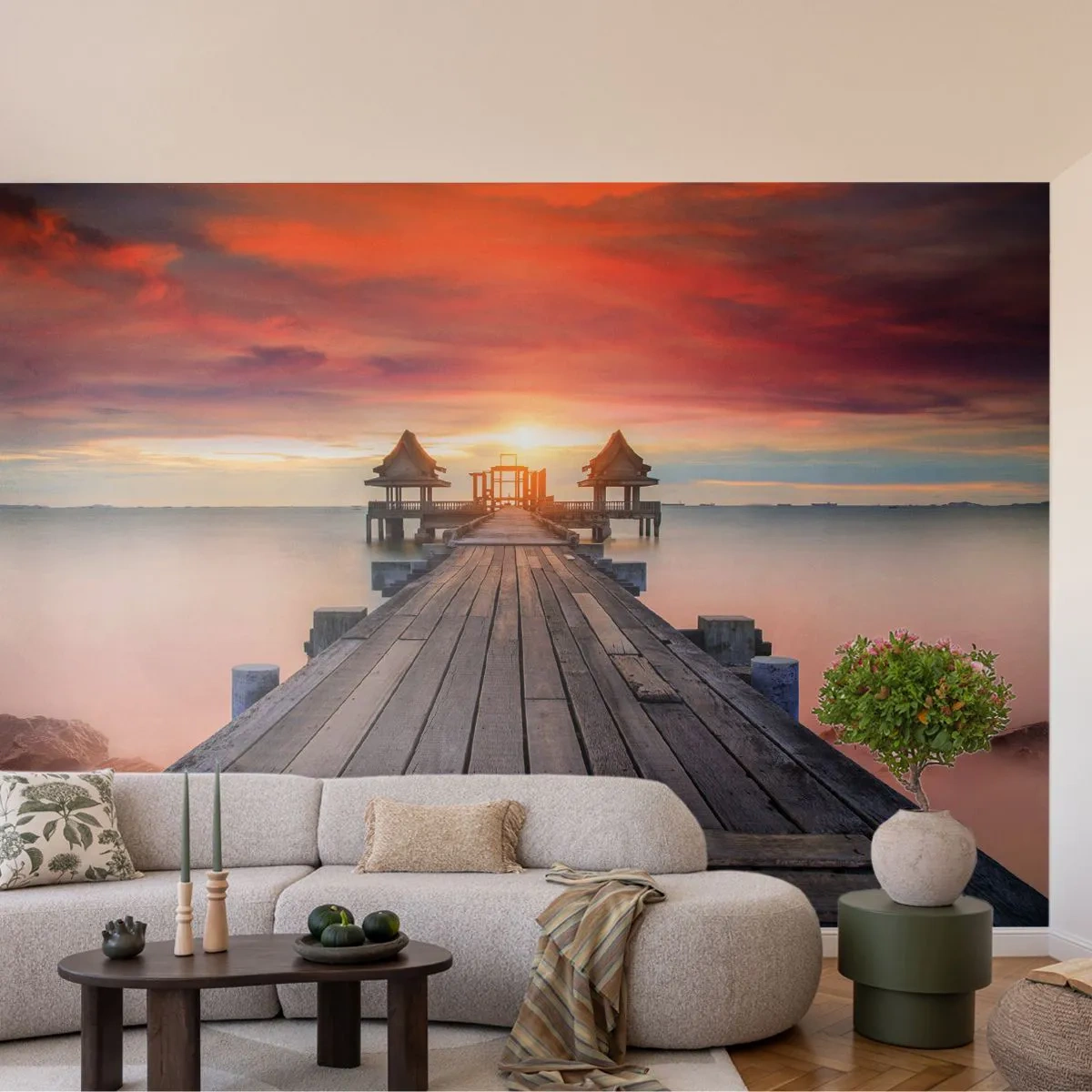 Fototapet Premium Sand - Fra vest til øst - Landskab, Træmole, Hav - 100x70 cm