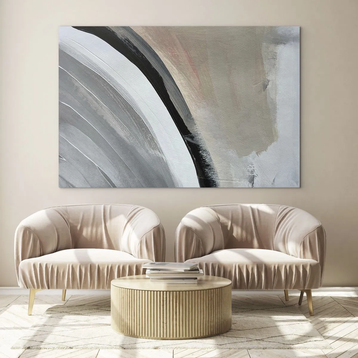Billede på glas - Abstrakt bue i nuancer af grå og sort - 70x50cm - Komposition: en bue af sort og gråt - Moderne vægdekoration til stue og soveværelse ARTTOR