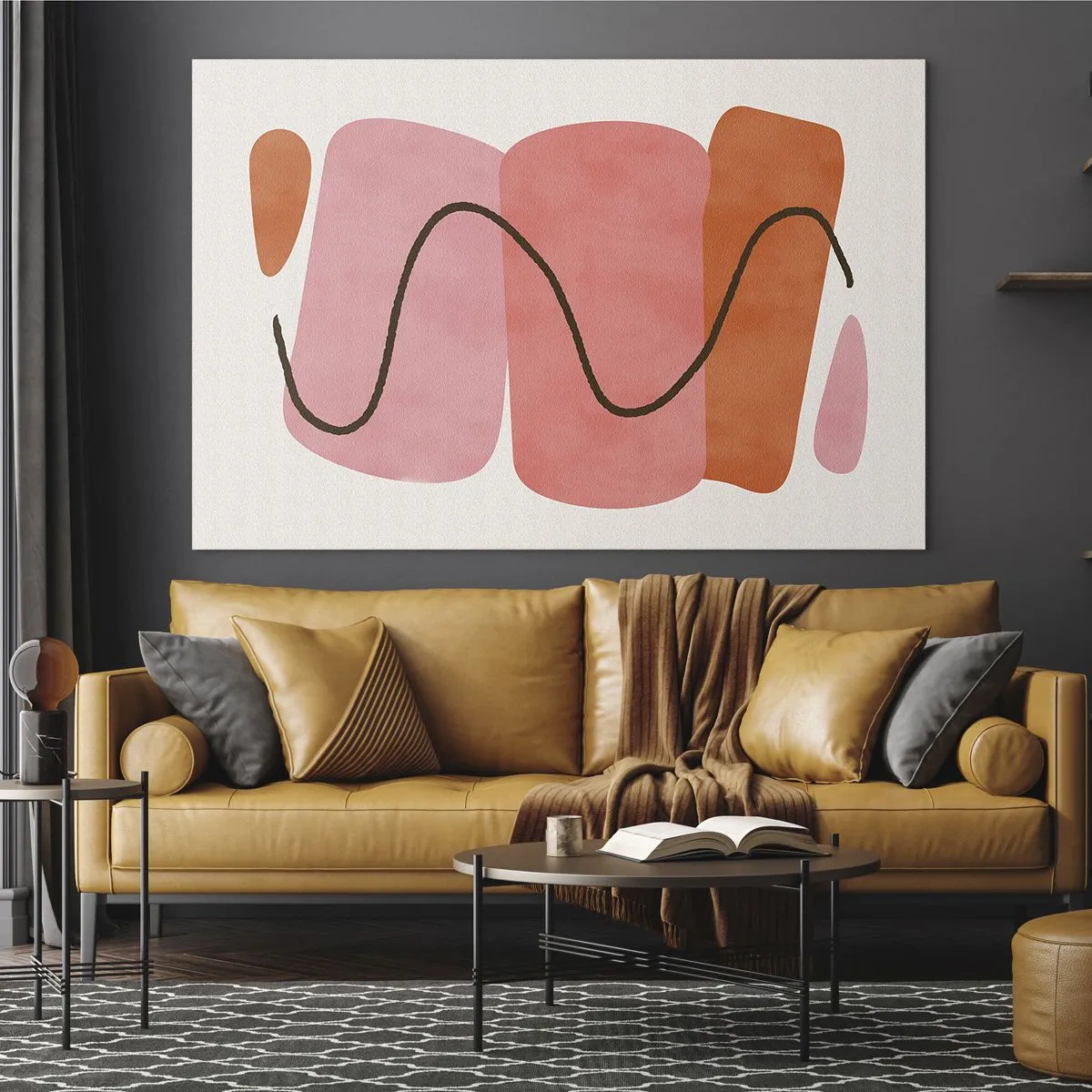 Billede på glas - Abstrakte former i pink og orange med en sort linje - 70x50cm - Formernes blide bevægelse - Moderne vægdekoration til stue og soveværelse ARTTOR
