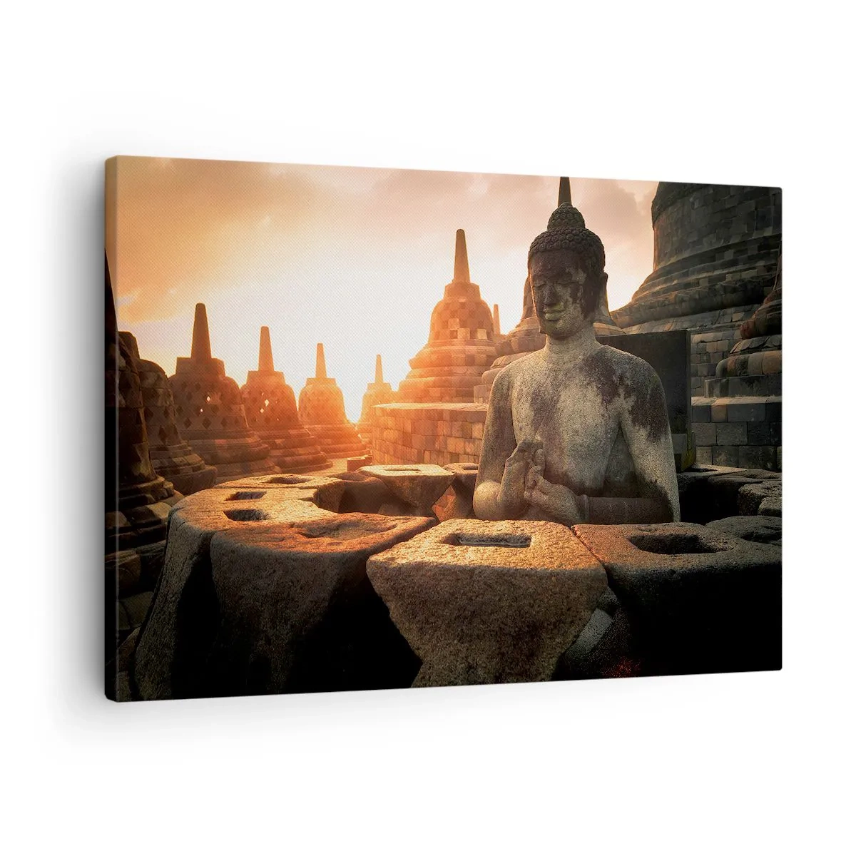 Lærredstryk - Billede på lærred - Buddha-statue ved Borobudur-templet ved solnedgang - 70x50cm - Vejr med stor visdom - Moderne vægdekoration til stue og soveværelse ARTTOR