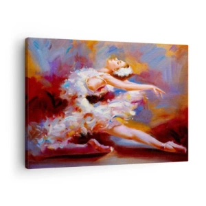 Lærredstryk - Billede på lærred - En ballerina i en dynamisk positur blandt pastelfarver. - 70x50cm - Svanens ynde - Moderne vægdekoration til stue og soveværelse ARTTOR