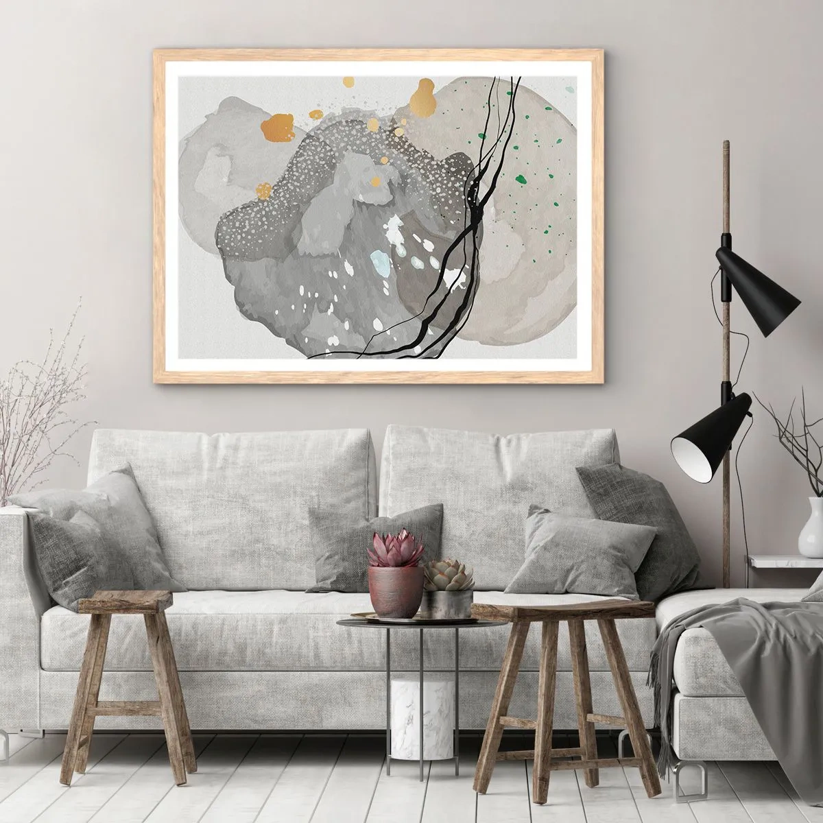 Plakat i ramme af lyst egetræ - Organisk komposition - 50x40 cm