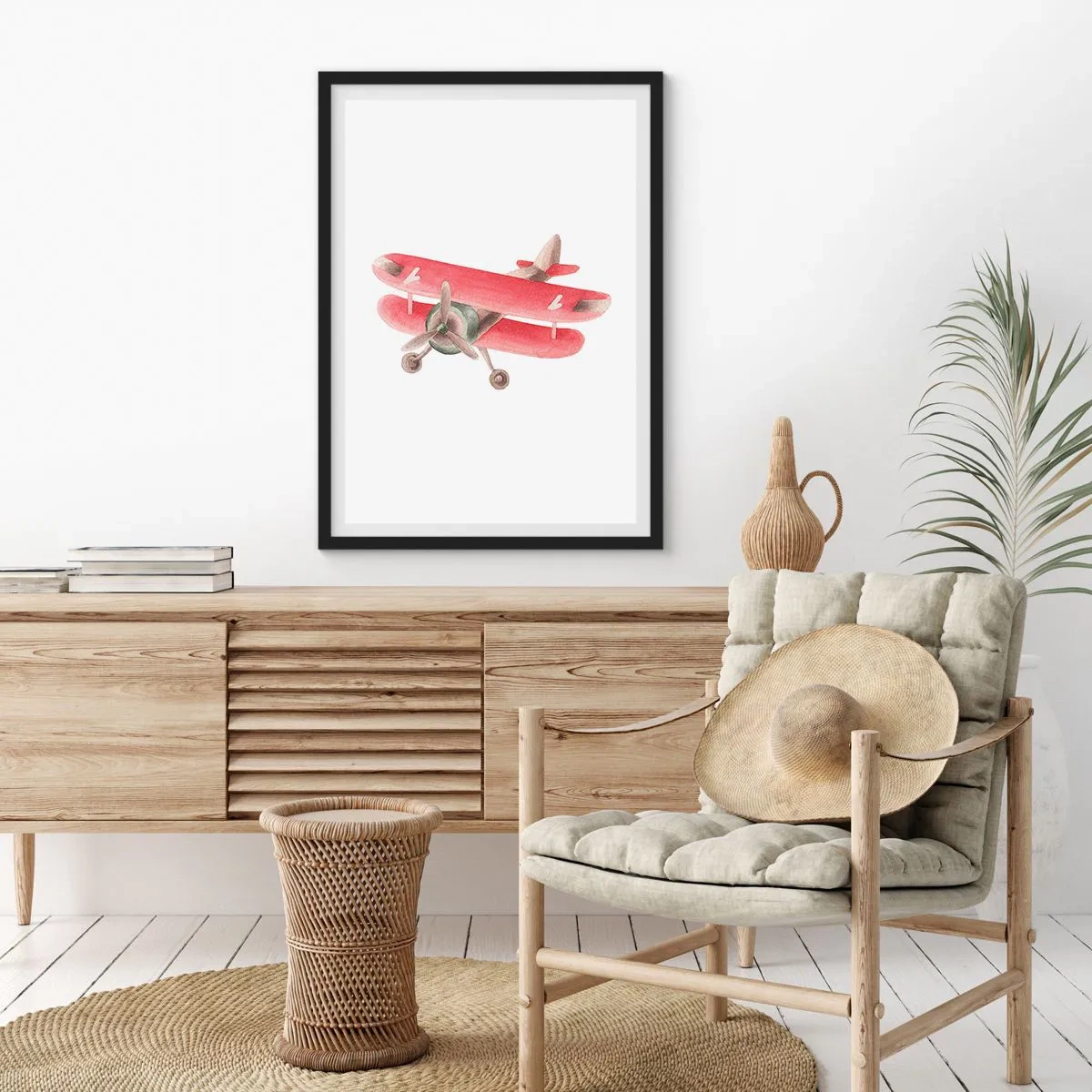 Plakat i sort ramme - En charmerende rød retro biplan - 50x70cm - Klar til at flyve højt - Moderne vægdekoration til stue og soveværelse ARTTOR